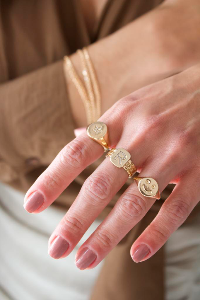 Thick Brick Letter Ring With Zirconia Stones (D77)
