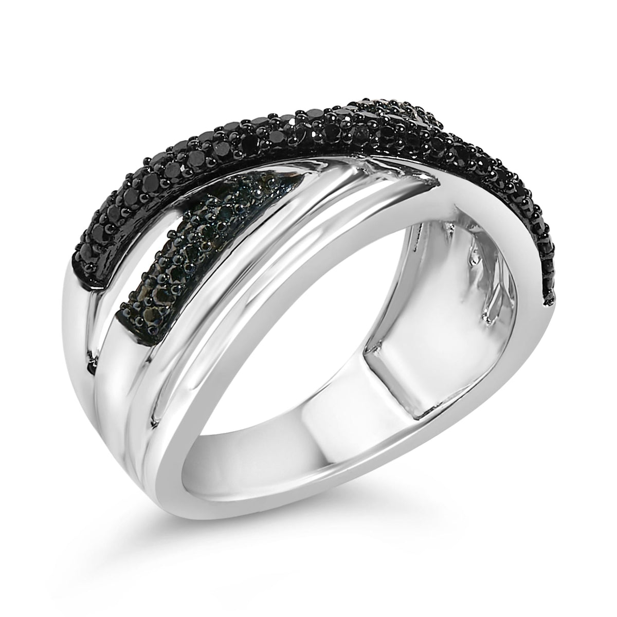 Sterling Silver 1/2 Cttw Black and Blue Diamond Crossover Bypass Ring