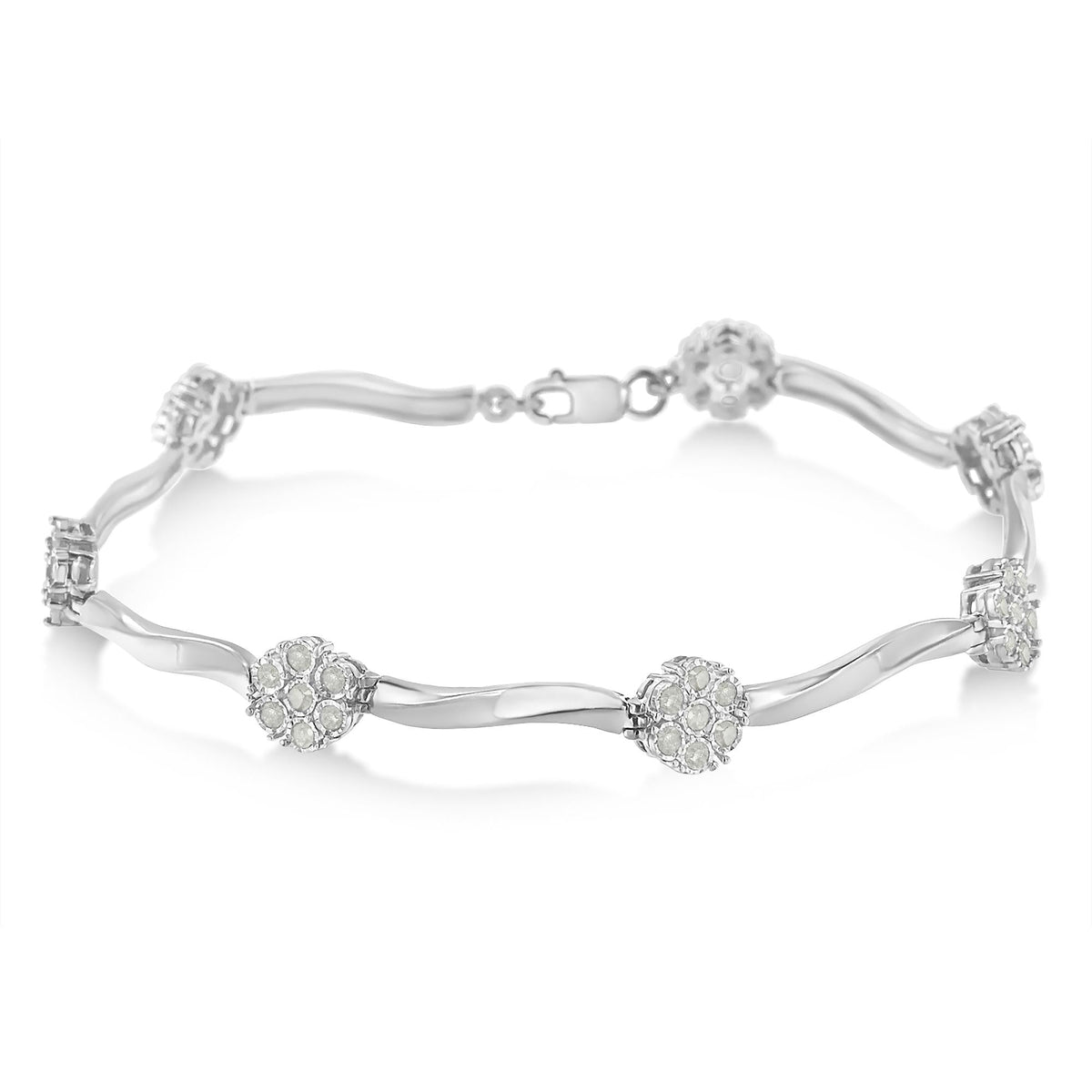.925 Sterling Silver 1/4 Cttw Diamond Cluster Miracle-Set Station & Twisted Bar 7" Tennis Bracelet (H-I Color, I2-I3 Clarity)