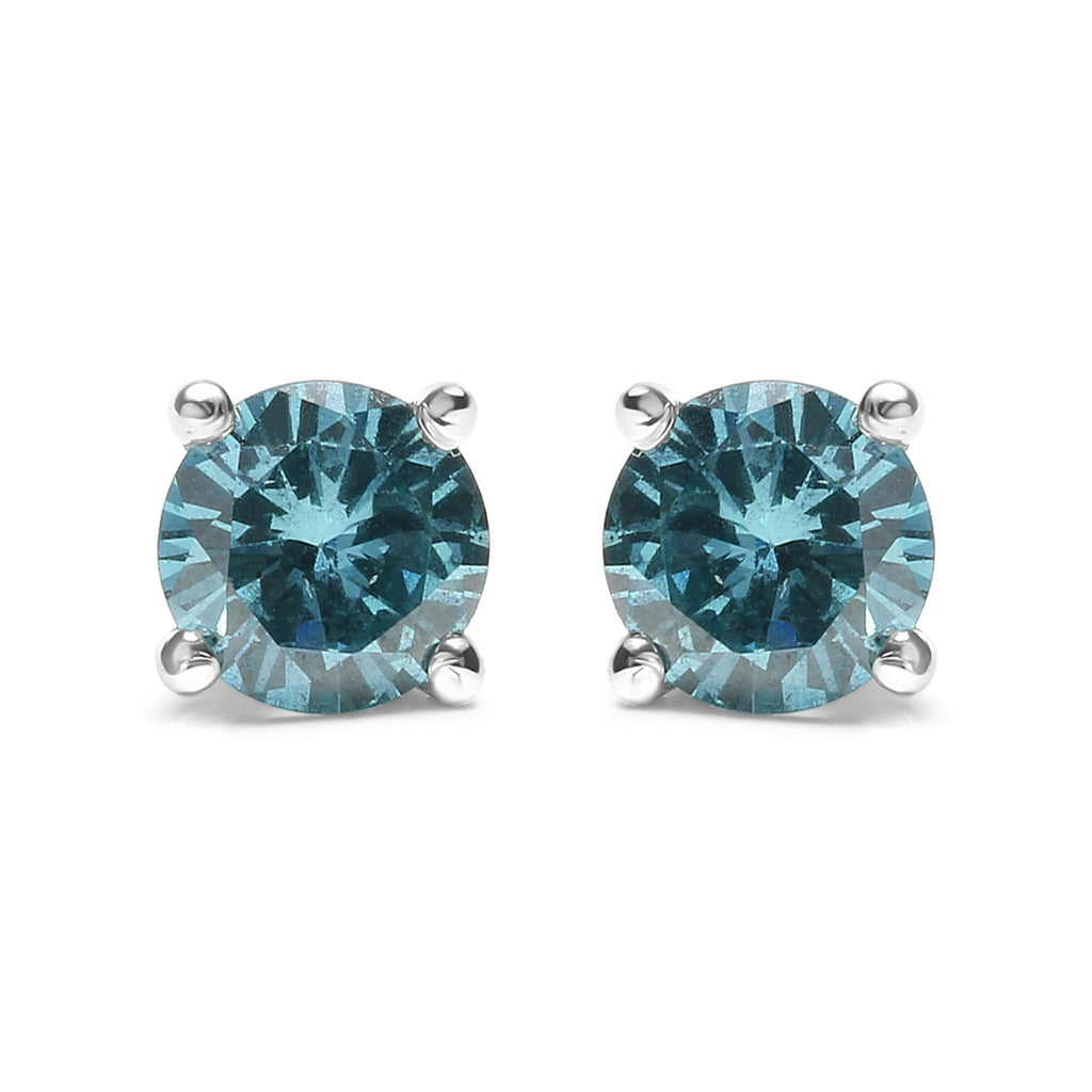 14K Gold 1/2 Cttw Aqua Blue Diamond Screw-Back 4-Prong Classic Stud Earrings (Color Treated, I2-I3)