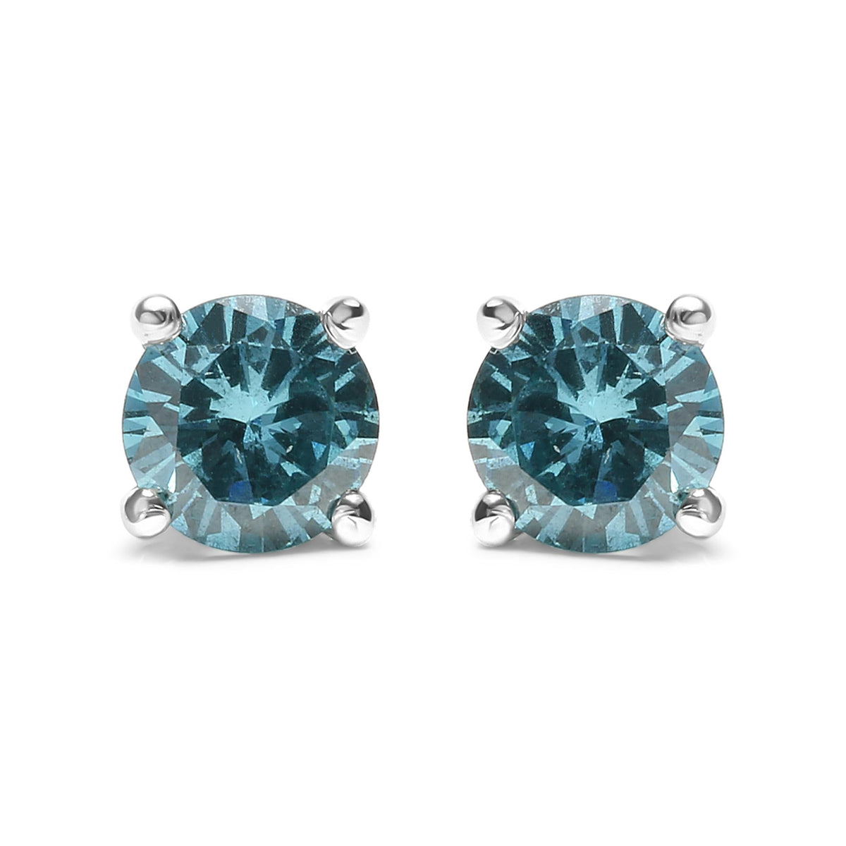 14K Gold 1/2 Cttw Aqua Blue Diamond Screw-Back 4-Prong Classic Stud Earrings (Color Treated, I2-I3)
