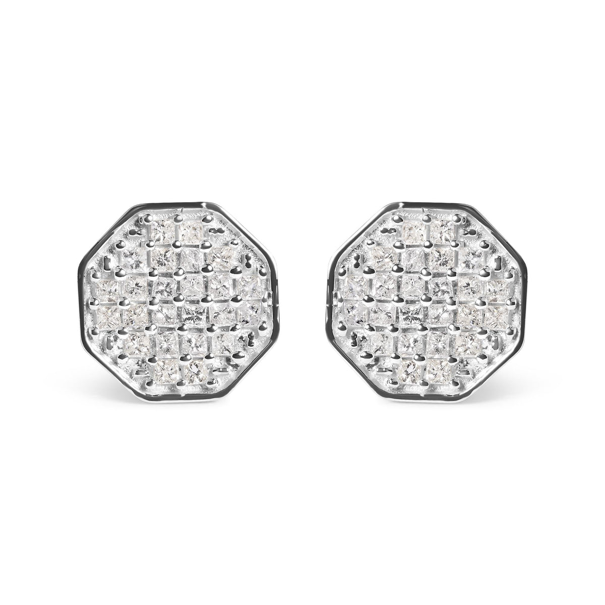 10K White Gold 7/8 Cttw Princess Diamond Composite Octagon Shaped Stud Earrings (I-J Color, I1-I2 Clarity)