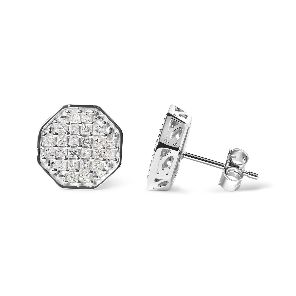 10K White Gold 7/8 Cttw Princess Diamond Composite Octagon Shaped Stud Earrings (I-J Color, I1-I2 Clarity)