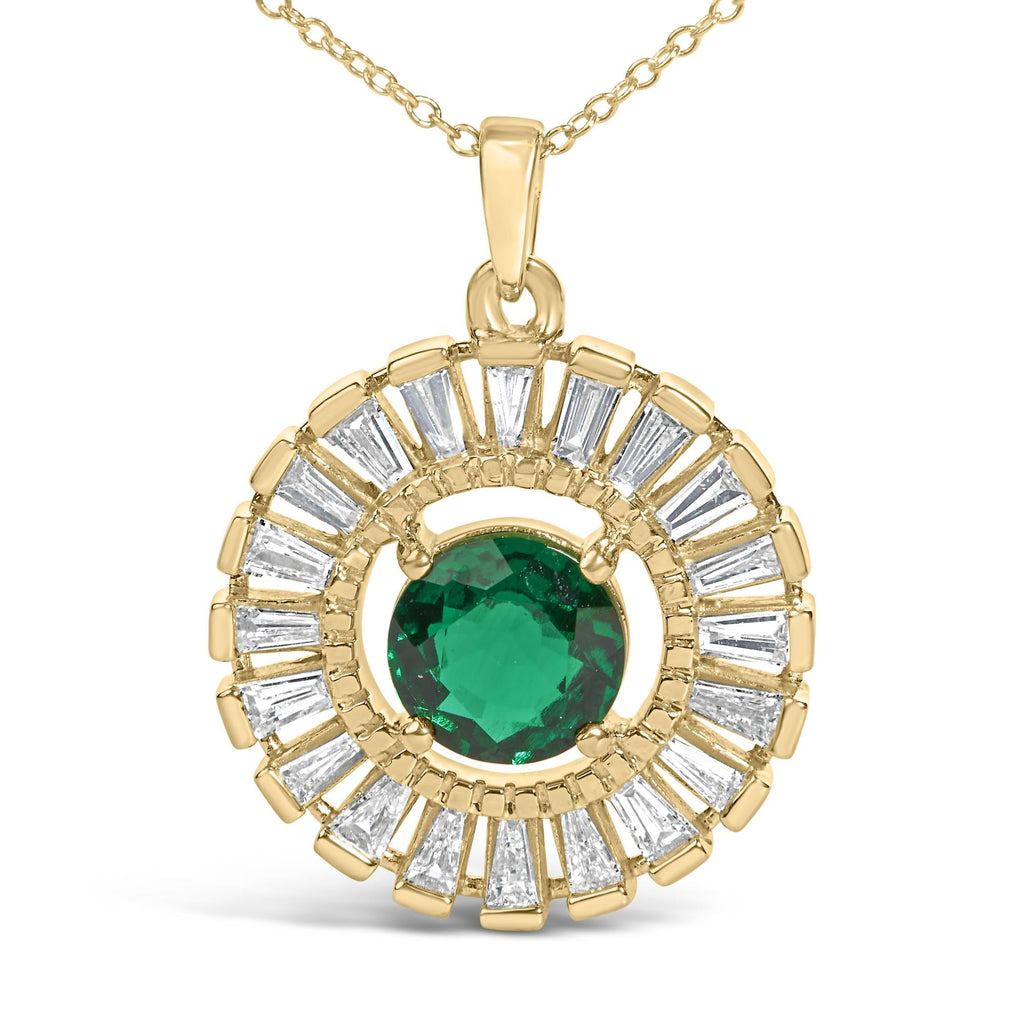 14K Yellow Gold Plated Silver Lab Grown Emerald and Diamond Sunburst Medallion Pendant Necklace