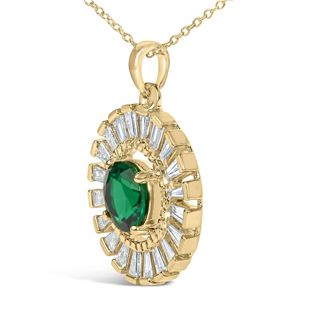 14K Yellow Gold Plated Silver Lab Grown Emerald and Diamond Sunburst Medallion Pendant Necklace