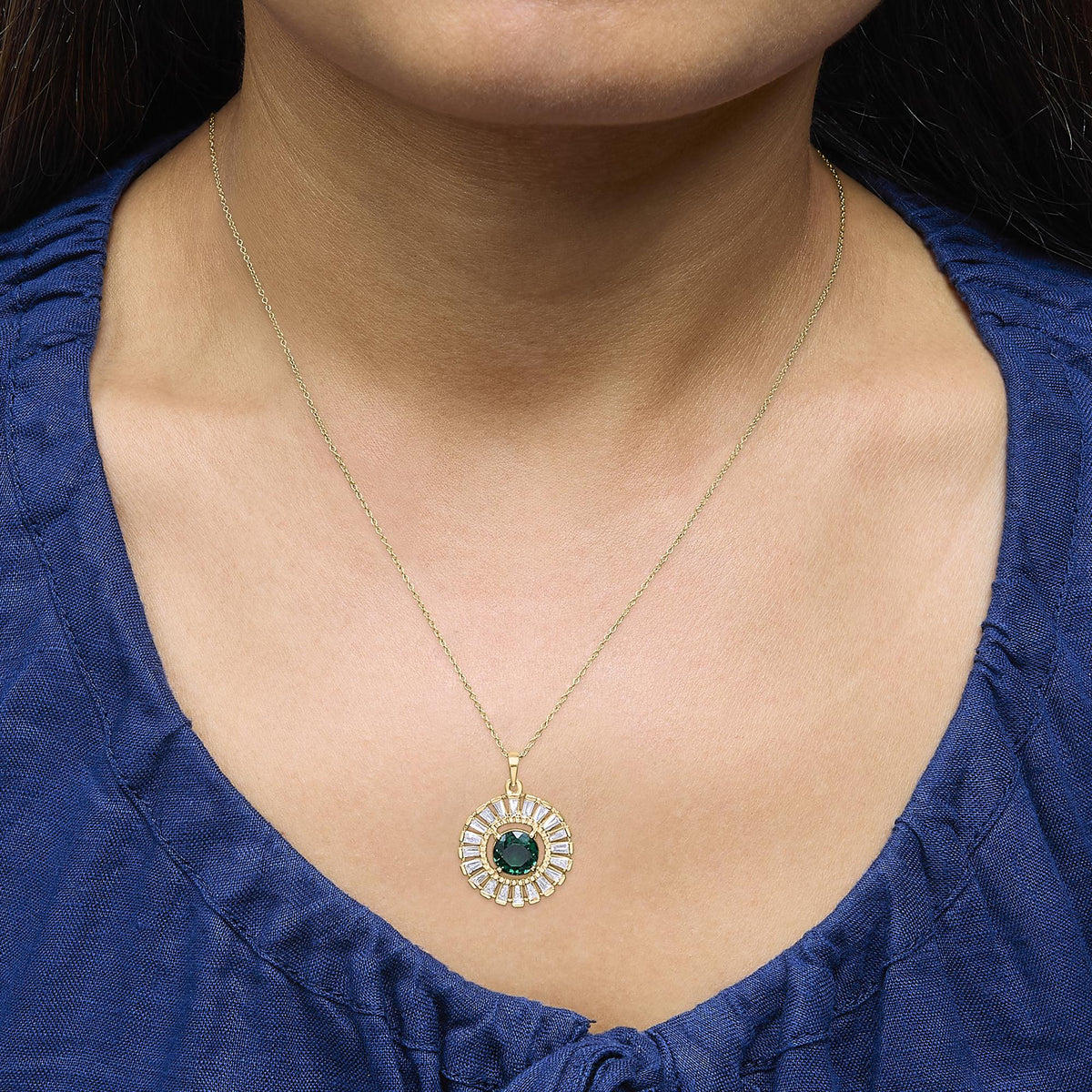 14K Yellow Gold Plated Silver Lab Grown Emerald and Diamond Sunburst Medallion Pendant Necklace