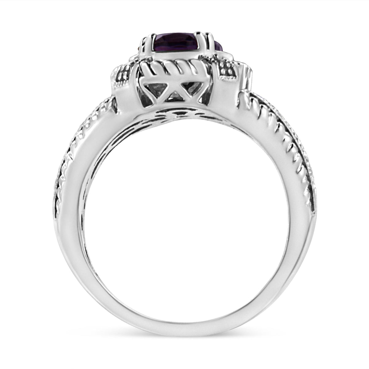 .925 Sterling Silver 9X7 Oval MM Purple Amethyst Solitaire and Diamond Accent Ring
