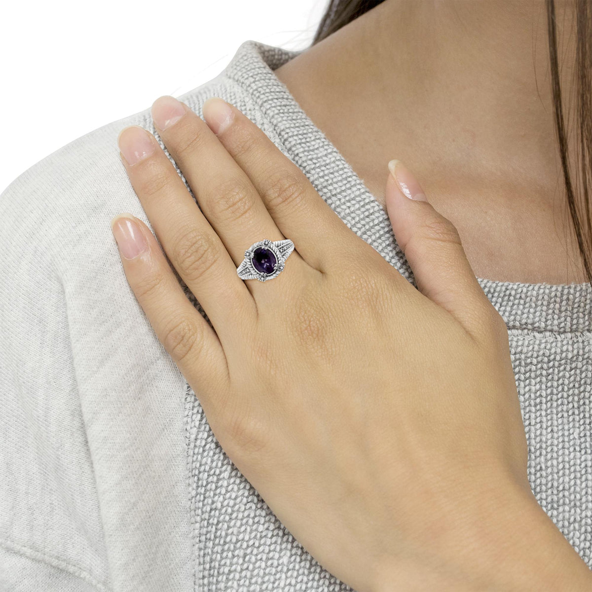 .925 Sterling Silver 9X7 Oval MM Purple Amethyst Solitaire and Diamond Accent Ring