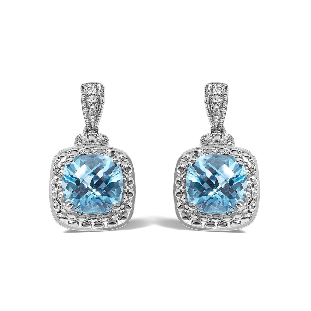 Sterling Silver 8x8mm Cushion Cut Blue Topaz and Diamond Accent Drop Earrings