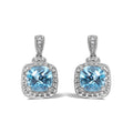 Sterling Silver 8x8mm Cushion Cut Blue Topaz and Diamond Accent Drop Earrings
